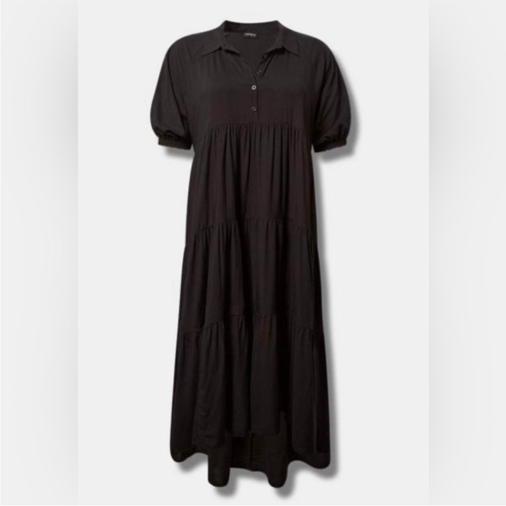 New Torrid | Maxi Washable Challis Hi-Low
Tiered Shirtdress Deep Black 00/M/L
